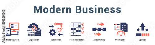 Modern Business  Modern and clean web banner illustration vector featuring thematic icons