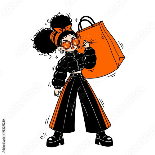 Woman Holding Orange Shopping Bag Illustration.