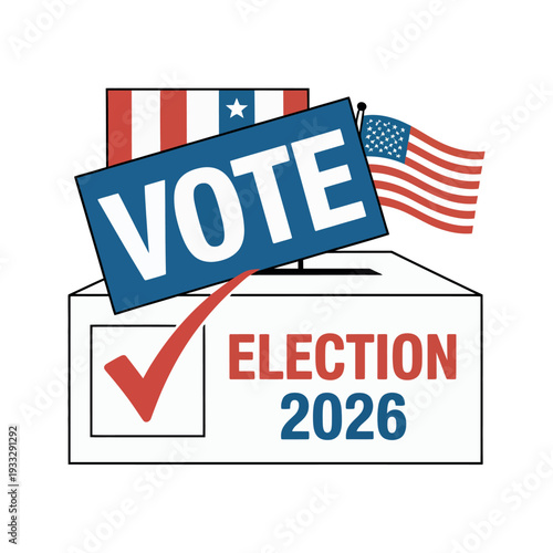 Ballot box graphic symbolizes the 2026 election with American flags waving.
