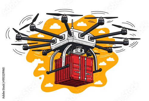 Futuristic drone delivering red shipping container with propellers spinning