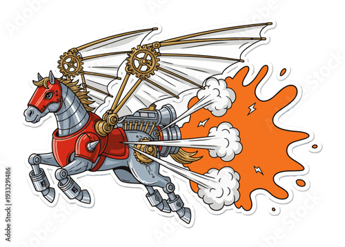Steampunk horse with mechanical wings and rocket propulsion blasting off