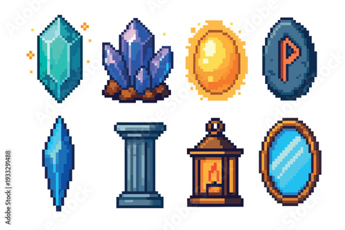 Set of eight pixel art fantasy game assets including magical crystals, a glowing orb, an ancient rune, a stone pillar, a lantern, and a mirror, presented in a classic retro 8-bit style