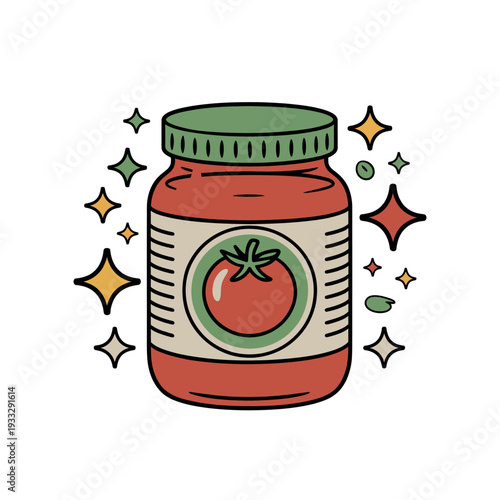 Jar of homemade tomato sauce gleams brightly with celebratory stylized star accents.