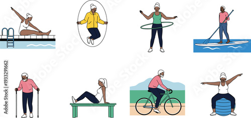 Active Senior Citizens Fitness Set featuring Elderly People Exercising, Swimming, Cycling, Paddleboarding, Hula Hooping, Skipping Rope, and Healthy Aging Lifestyle