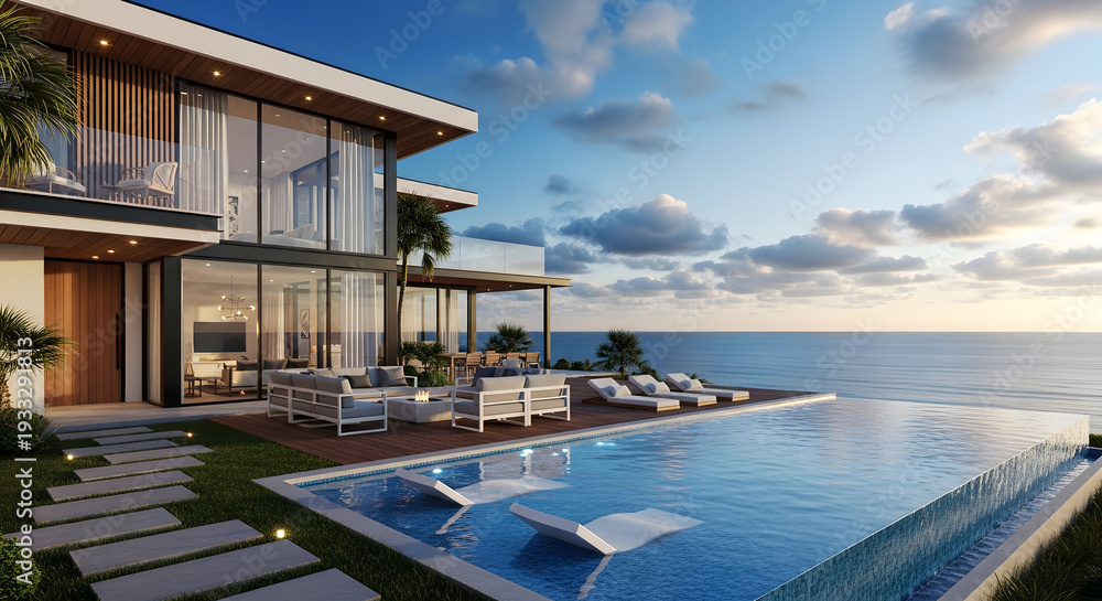 Fototapeta premium Photorealistic 3D rendering of luxury modern villa infinity pool ocean view palm trees sunset exterior architecture
