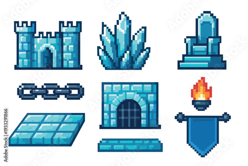 Pixel art game asset collection of fantasy icons featuring a blue ice castle, crystal, throne, dungeon gate, torch, and banner for a retro video game