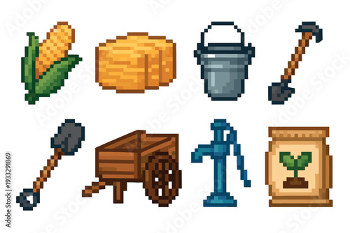 Pixel art farming and gardening icon set with corn, a hay bale, bucket, shovel, cart, water pump, and seed bag for a retro 8-bit video game asset collection
