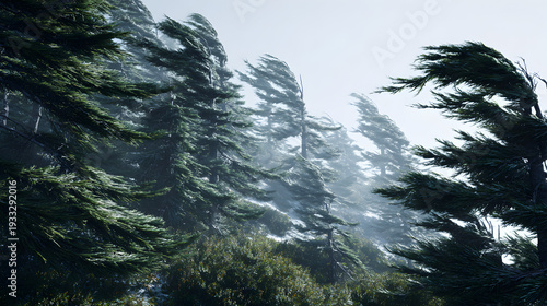 un hermoso paisaje de la fuerza de la naturaleza con el aire o el viento sobre los arboles o pinos doblados por el viento con un cielo nublado tropical en verano