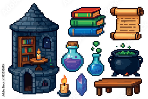 Set of pixel art fantasy icons featuring a wizard tower, magic potions, a bubbling cauldron, spell books, and an ancient scroll in a retro 8-bit video game style