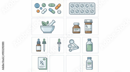 "Grid of pharmaceutical and herbal medicine items"