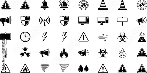 Safety and Warning Icon Set with Hazard, Emergency, Alarm, Weather, and Protection Symbols for Industrial Signs, Interfaces, and Alert Systems