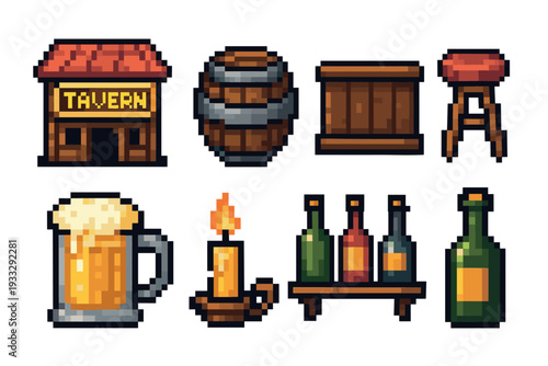 Pixel art tavern icon set collection featuring a building, beer mug, wooden barrel, bottles, candle, and furniture for a retro 8-bit video game interface or asset pack