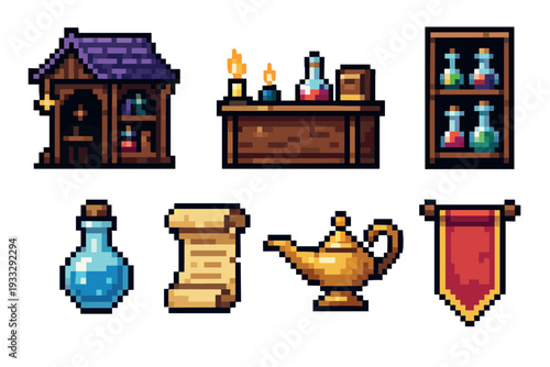 Pixel art fantasy game asset collection featuring a magical alchemist shop, colorful potions, a golden lamp, an ancient scroll, and a medieval banner for a retro RPG