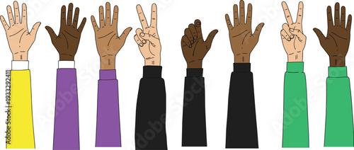Diverse raised hands vector illustration, multicultural people showing gestures isolated on white background for voting, protest and social concept design