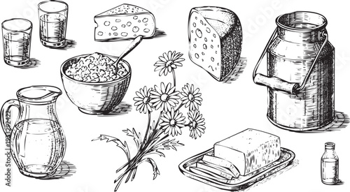 Dairy Products Assortment with Flowers Vector Illustration