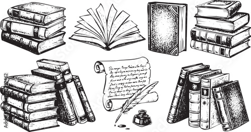 Vintage Books and Quill Vector Set: Stacked Novels Open Book Scroll Inkwell