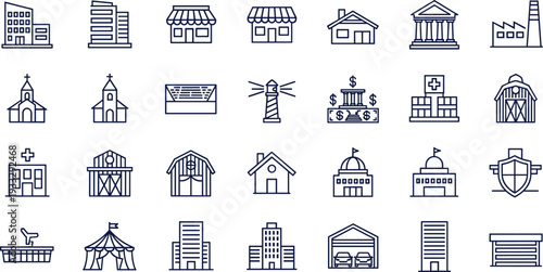 Building and Architecture Line Icon Set with Residential, Commercial, Industrial, and Public Structure Symbols for City Maps, Urban Design, and Interface Graphics