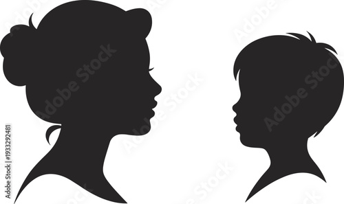 Mother and Child Face Profile Silhouettes Isolated on White Background, Family Love and Parenthood Concept Illustration for Parenting and Care Design