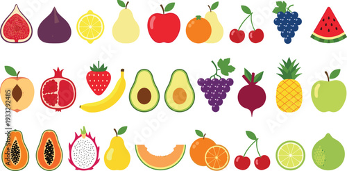 Colorful Flat Vector Fruit Icon Set, Fresh Organic Healthy Food Collection, Minimalist Tropical Summer Illustrations, Apple Banana Grapes Watermelon Avocado Symbols