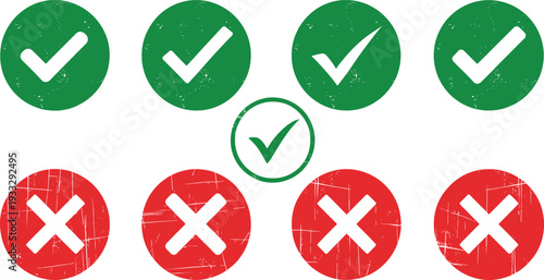 Check Mark and Cross Icon Set with Approved and Rejected Symbols in Green and Red for Validation, Status, and Interface Design