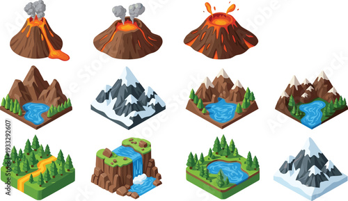 Isometric volcano and mountain landscape vector set, erupting lava peaks forest river and waterfall terrain collection isolated on white background