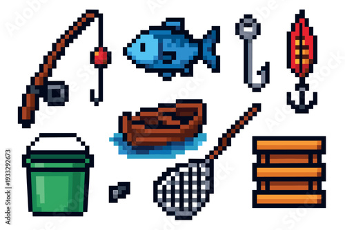 Pixel art fishing equipment icon set with a rod, fish, boat, lure, hook, bucket, and net for a retro video game asset collection or digital illustration