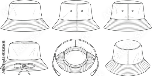 Photos Technical fashion sketch of unisex bucket hat set with multiple views including