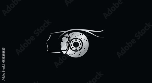 Car outline with prominent disc brake, silver on black background