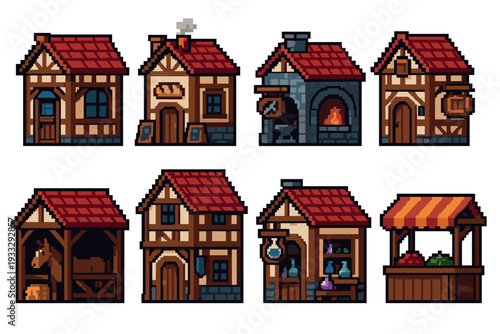 Pixel art collection of medieval fantasy buildings including a blacksmith, bakery, potion shop, stable, and tavern, designed in a classic retro 8-bit video game style