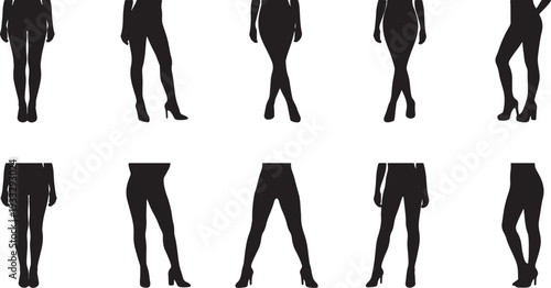 Silhouettes of women in various poses and outfits including dresses and pants also transparent background