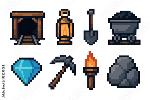 Pixel art mining game asset collection with a mine entrance, lantern, shovel, coal cart, diamond, pickaxe, torch, and rock icons in a classic retro 8-bit sprite style