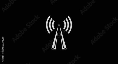 Minimalist white tower with radiating waves on black background
