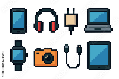 Collection of colorful pixel art icons representing modern electronic gadgets like a smartphone, laptop, tablet, and camera in a retro 8-bit video game aesthetic