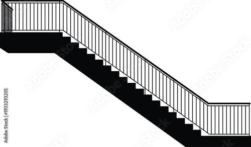 Staircase with metal railing silhouette vector illustration, modern architectural stairs design isolated on white background, side view construction element