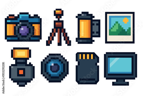 Set of pixel art photography icons featuring a camera, lens, tripod, flash, film, memory card, photo, and monitor in a retro 8-bit video game style illustration