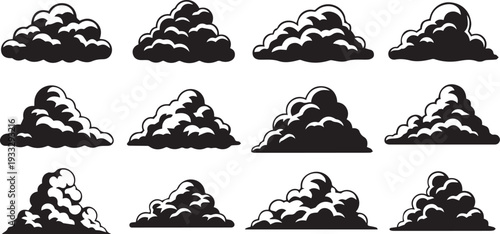 A set of ten identical black and white mountain illustrations