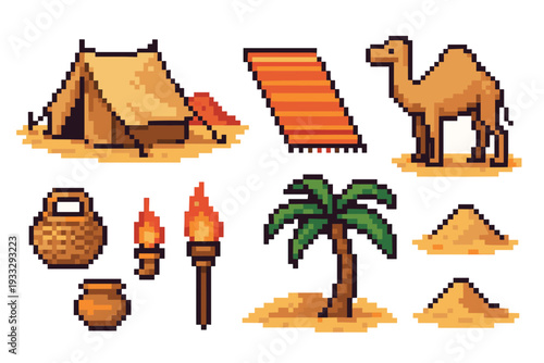 Set of pixel art desert icons featuring a camel, tent, palm tree, and other nomadic elements for a retro video game asset collection in an 8-bit style