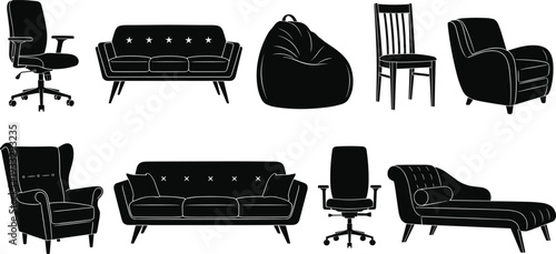 Collection of Modern Furniture Silhouette Icons Featuring Office Chairs Comfortable Sofas Bean Bag Stylish Armchairs Dining Chair and Elegant Lounge Chaise