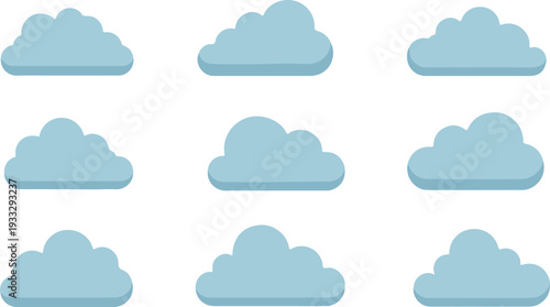 A collection of nine light blue cartoon clouds on a white background
