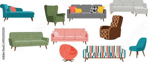 Collection of Modern Living Room Furniture Icons Featuring Various Colorful Sofas Comfortable Armchairs Stylish Couches Mid Century Lounge Chairs and Settees