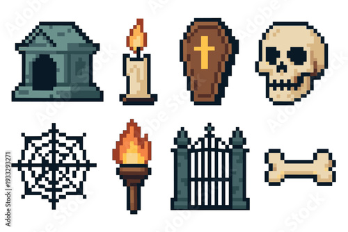 Set of pixel art Halloween icons featuring a crypt, coffin, skull, bone, candle, torch, spiderweb, and cemetery gate for a retro video game asset collection