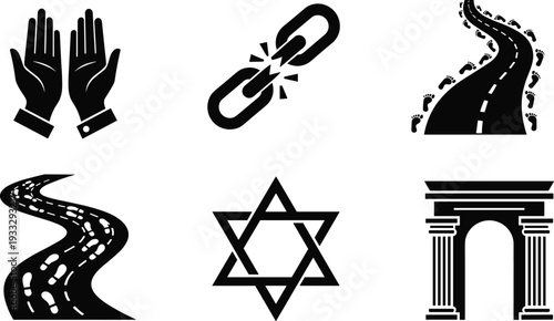Symbolic black icons set featuring prayer hands broken chain road footprints star arch spiritual journey freedom faith minimal vector illustration