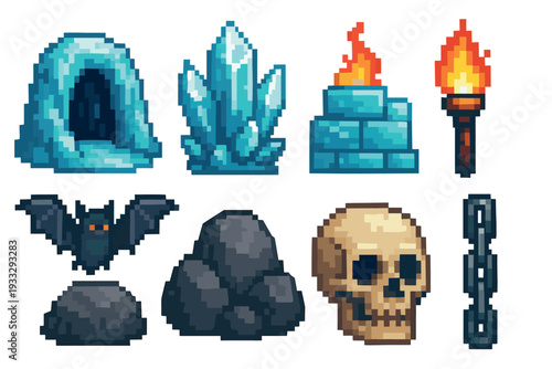 Pixel art collection of fantasy dungeon assets including a cave, magic crystals, a skull, a bat, a flaming torch, rocks, and an iron chain for a retro video game