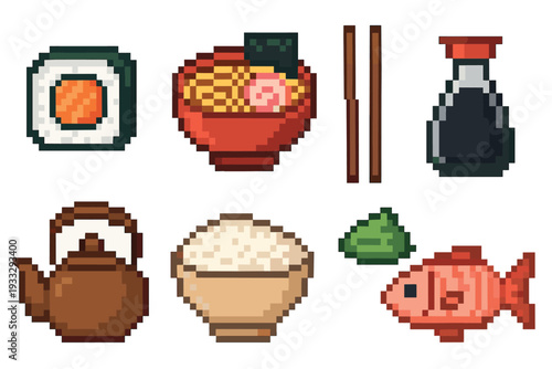Set of pixel art food icons featuring traditional Asian cuisine like sushi, ramen, rice, and tea in a charming retro 8-bit video game graphic style