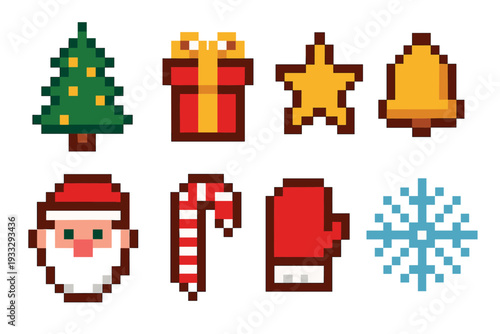 Set of Christmas pixel art icons featuring a tree, gift, star, bell, Santa, candy cane, mitten, and snowflake in a festive retro 8-bit video game graphic style