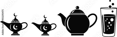 Traditional tea and beverage black icons set featuring Arabic lamp teapot glass Ramadan Islamic culture minimal vector illustration