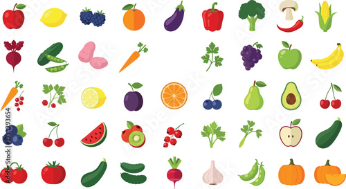 Flat design fruit and vegetable icon set with fresh organic food elements for healthy lifestyle nutrition grocery and vegan projects