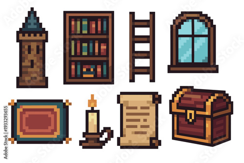 Pixel art fantasy game asset collection featuring a tower, bookshelf, ladder, window, rug, candle, scroll, and treasure chest for a retro RPG video game interface