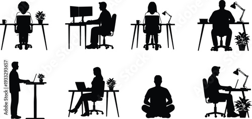 Collection of Professional Home Office Silhouettes Featuring People Working at Desks with Laptops Monitors Desk Lamps Standing Desks and Plants