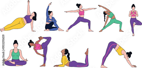 Collection of Women Practicing Various Yoga Poses Featuring Downward Dog Tree Pose Warrior Position Lotus Meditation and Flexibility Exercises in Colorful Sportswear